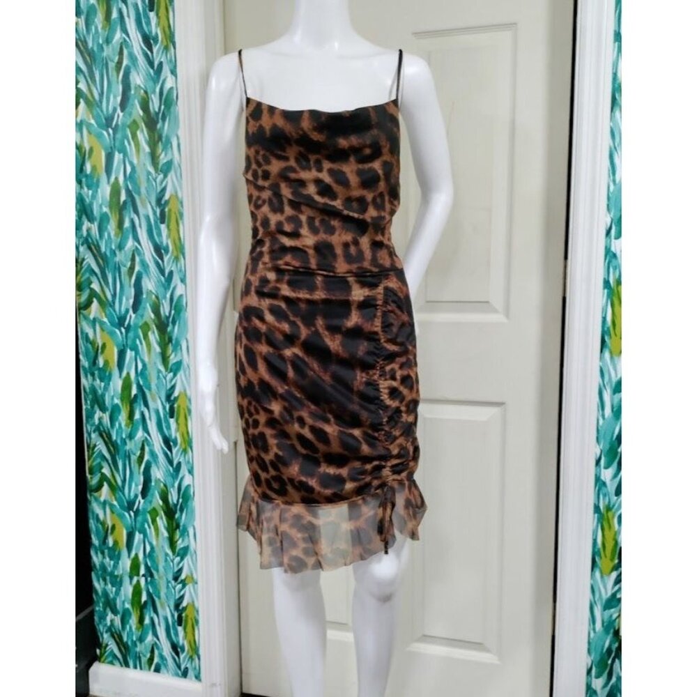 What A Girl Wants Cheetah Whimsy Twee Party Sheer Hem Mesh Mini Dress Small, NWT - Picture 2 of 9